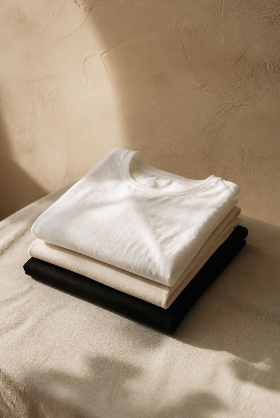 Cotton t-shirt folded on a linen surface