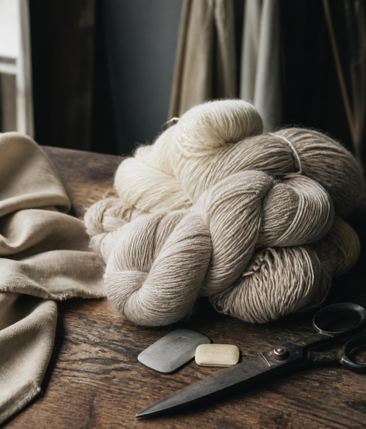 Matasse di cashmere e lana non tinta su un tavolo d'atelier